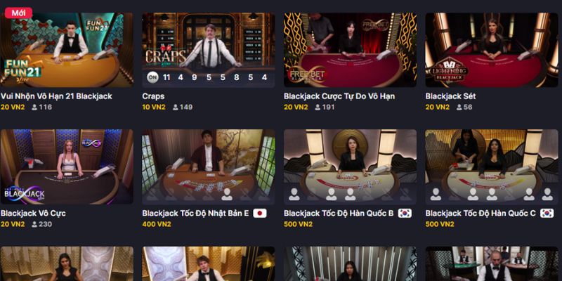 Các phòng live trò chơi Blackjack 23win